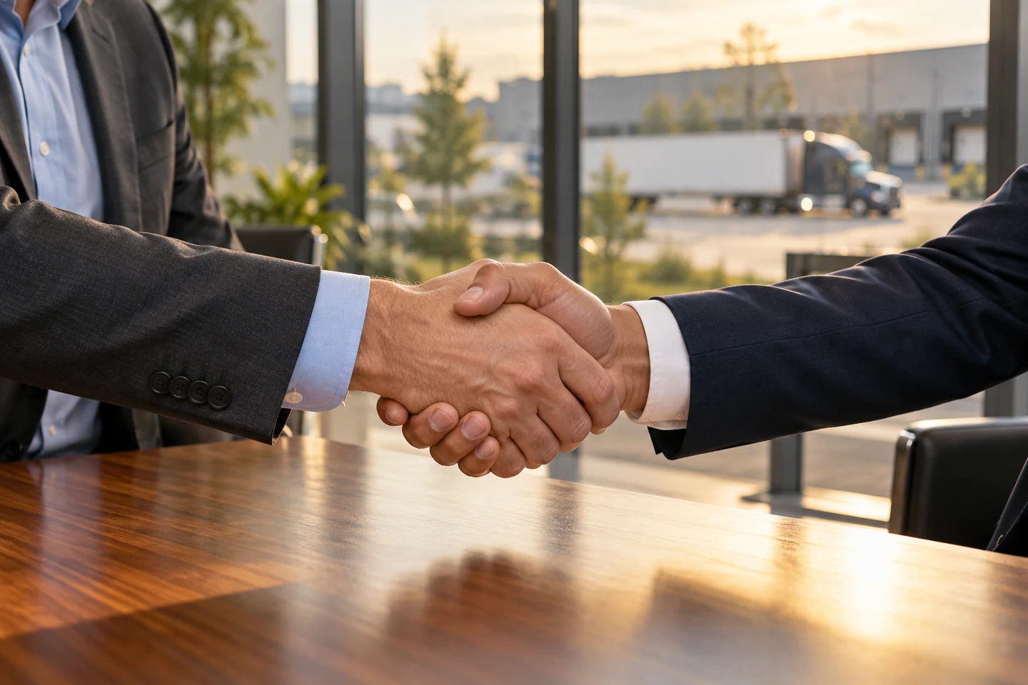 Two business partners shaking hands in an office overlooking an equipment facility