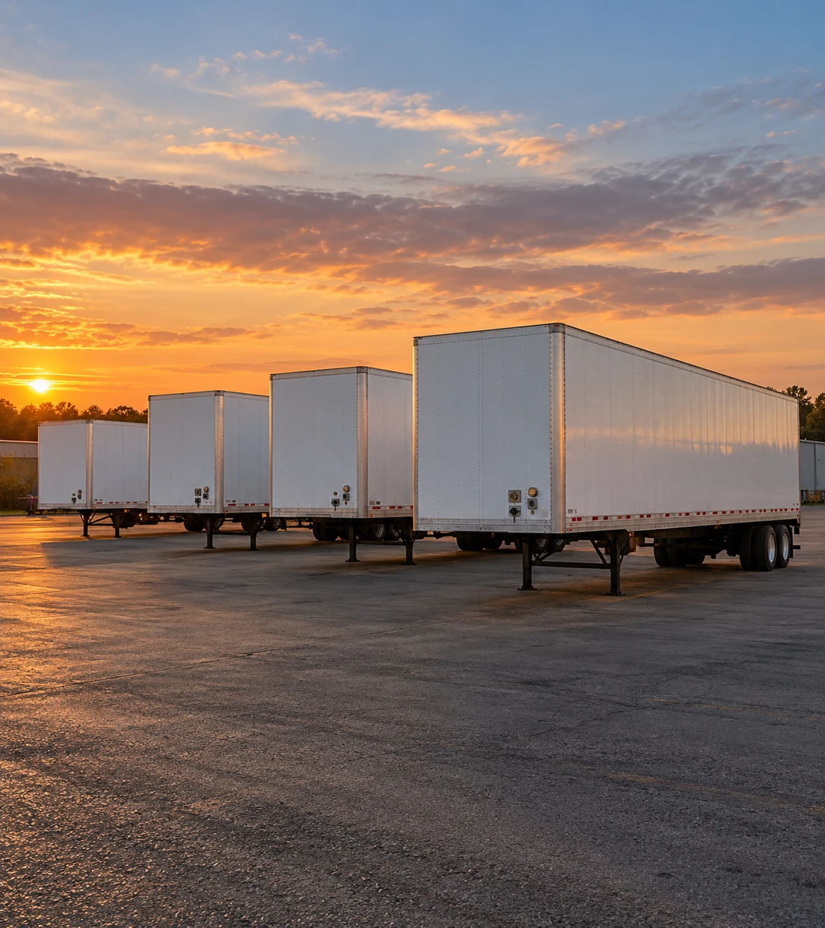 White semi trailers parked in an equipment yard beneath a warm sunset sky